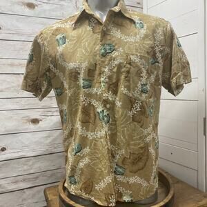 Stitch Hawaiian Men's Camp Aloha Shirt Ukulele Bongo Drums Tropical Print Tan L